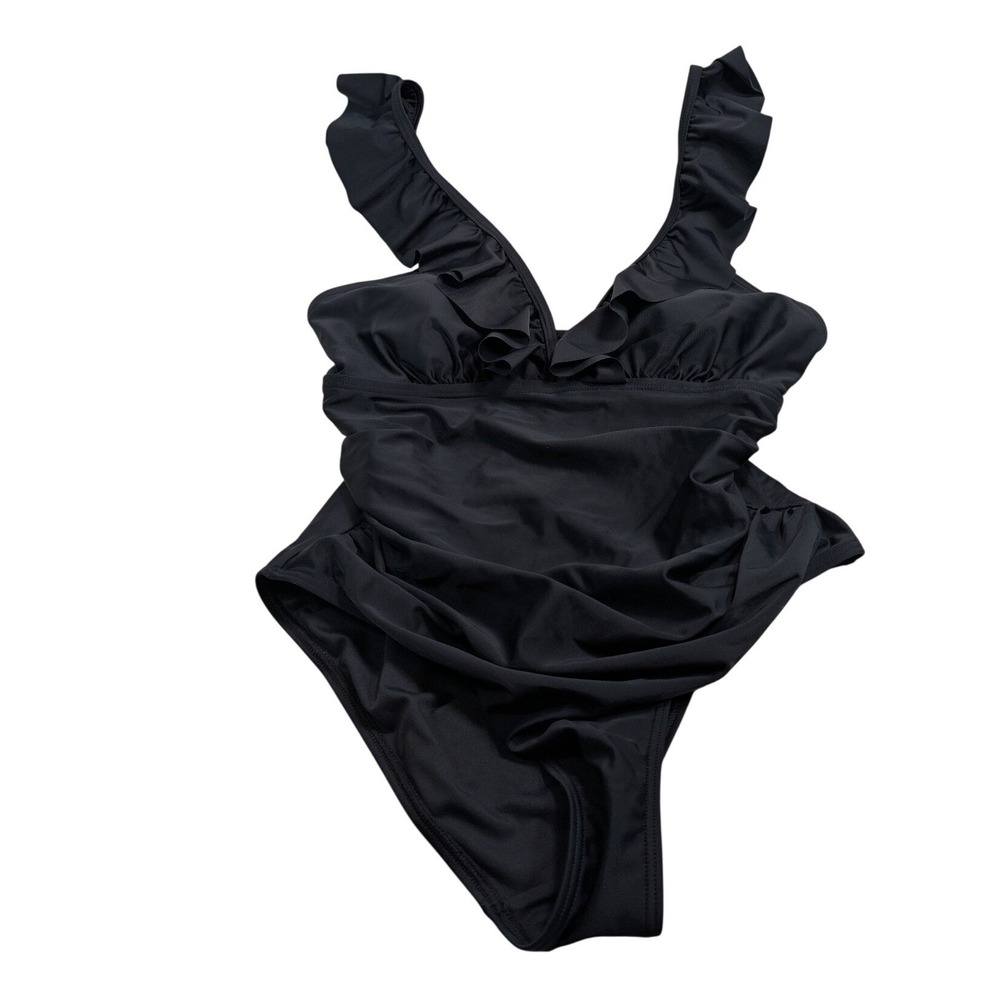 Upopby Women Ruffle V-Neck‎ One Piece Swimsuit Large Black